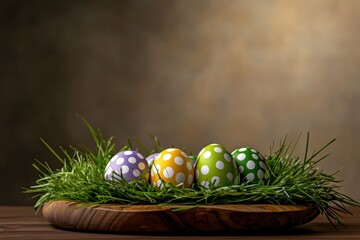 A collection of vibrant, colorful Easter eggs is beautifully nestled in lush green grass, elegantly...