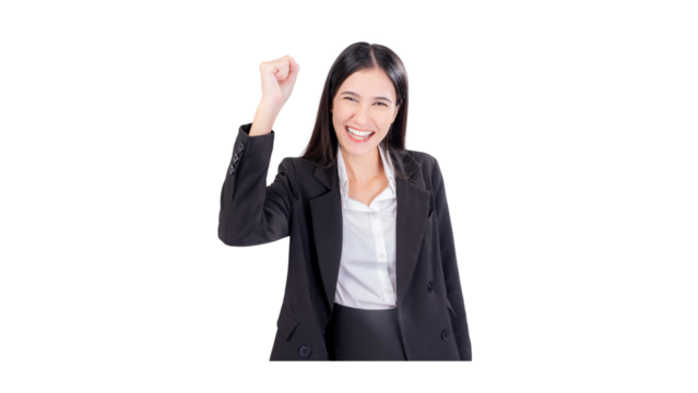 Happy young business woman raises one hands up, concept of victory and success, Studio shot  Cheering businesswoman with arms raised into fists celebrating successful of business fist up in powerful