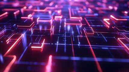 Dynamic circuit patterns futuristic digital landscape abstract visuals neon environment close-up concept