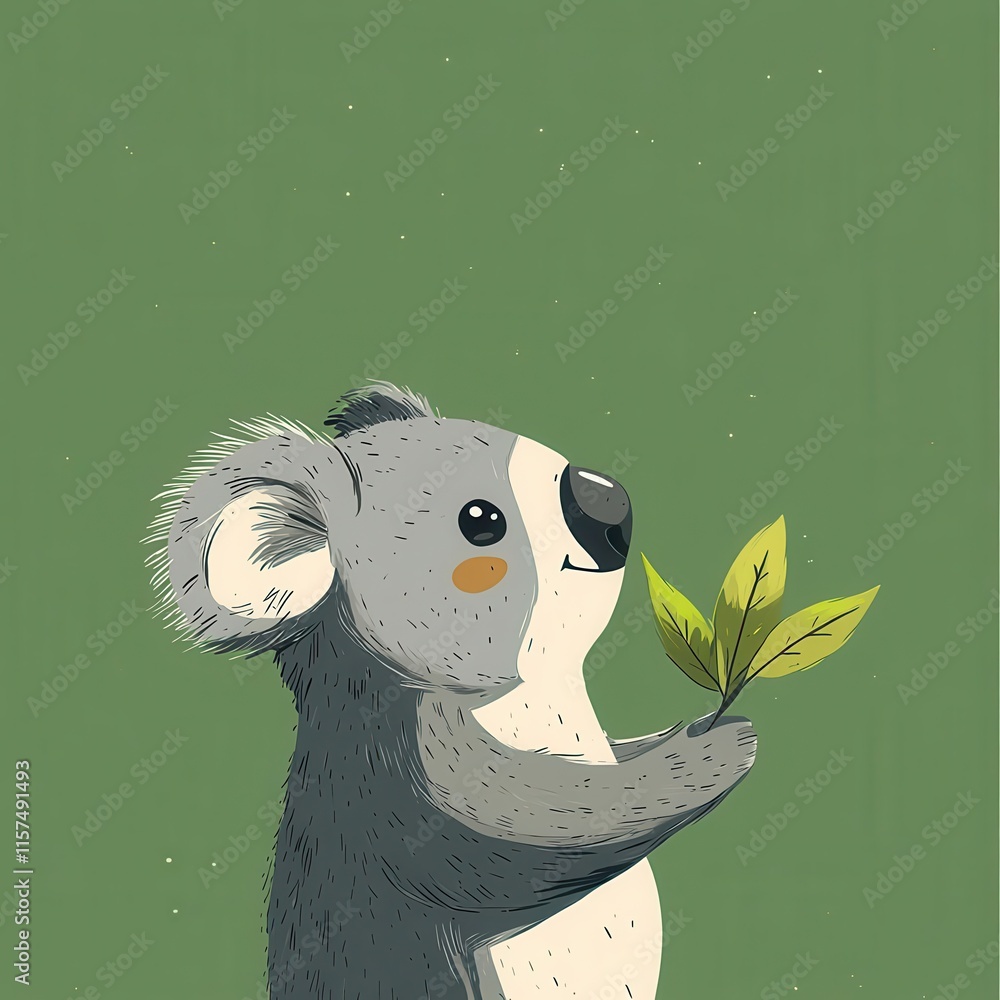 Poster a minimalistic koala in profile clutching a leaf against a solid green backdrop, boasting a sleek an