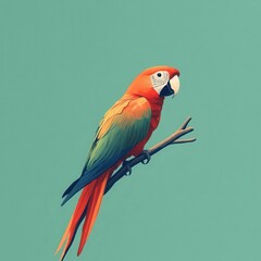 Obraz premium Minimalistic parrot in profile perched on a branch, solid green background, flat colors with minimalistic details.