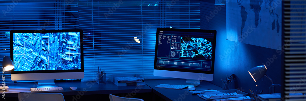 Poster Header of workplace of security officers with group of computer monitors with graphic data on screens in spacious military office