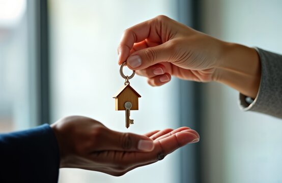 Real estate agent hands over house keys to new homeowner. Successful property purchase. Happy moment. Financial deal closed. New home ownership. New beginnings. Property purchase agreement. Client