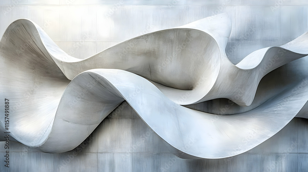 Poster abstract flowing concrete sculpture on a wall, creating a dynamic and modern design.