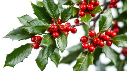 Holly Branch with Red Berries, Evergreen Leaves - Christmas Decoration AI Photo