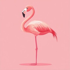 Fototapeta premium A cute flat cartoon flamingo chick stands in profile on one leg against a solid pink background with a simple and minimalistic color palette.