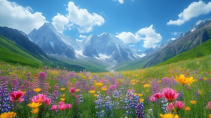 Vibrant wildflowers bloom in a lush alpine meadow, with majestic snow-capped mountains in the background under a bright, sunny sky.