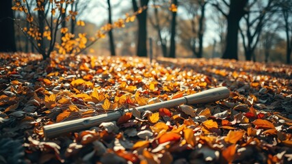 Wooden Stick Resting on Autumn Leaves in a Park
