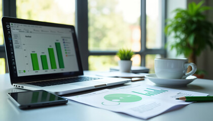 Eco friendly office with tech devices. Corporate auditor reviews sustainability reports on documents. Laptop shows eco metrics. Files show charts, graphs. Workplace promotes green business practices.