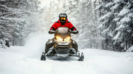 Man on snowmobile driving on winter snowy forest , dynamic scene	