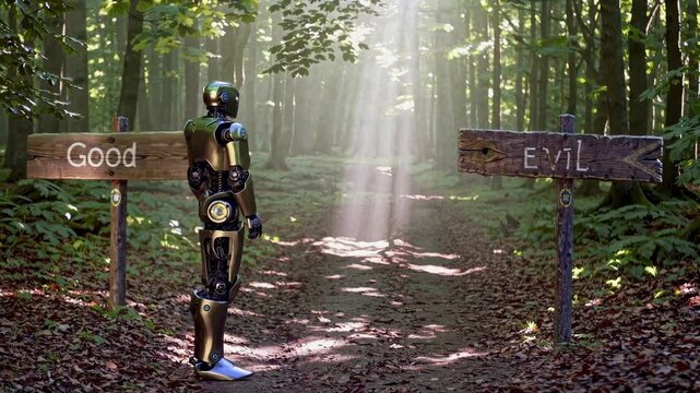 AI Robot Standing At Fork In Forest With Good And Evil Signs, Dramatic Choice Concept Video 4K