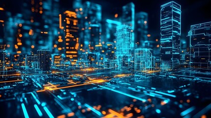 Futuristic cityscape visualization urban environment digital art neon lights aerial view technology concept