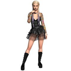 3D rendered fictional gothic female character with blonde long braids isolated on transparent background