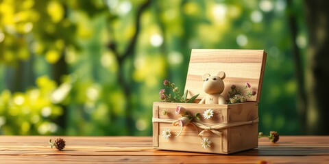 Wooden keepsake box with a small wooden bear and wildflowers, resting on a wooden surface with a blurred natural background