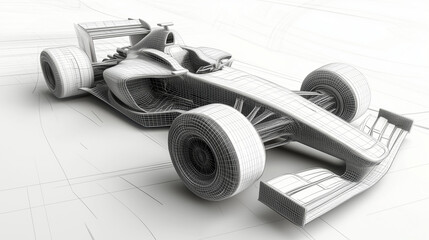 Precyzyjnie odwzorowany samochód wyścigowy, przedstawiony w technologicznej estetyce, podkreślającej innowacyjne rozwiązania inżynieryjne i aerodynamiczne.