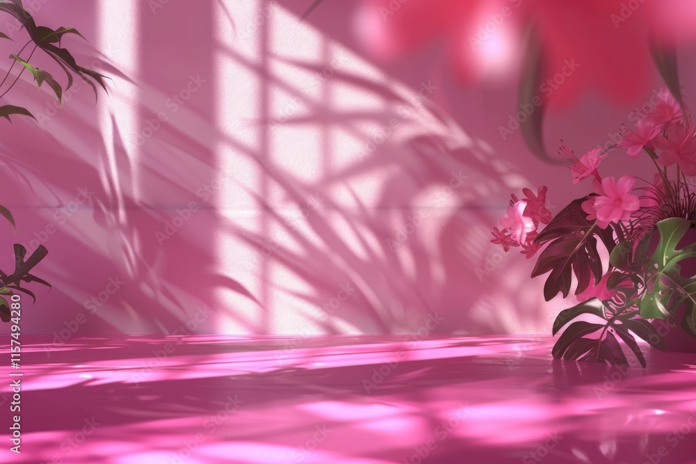 Wall mural pink gradient studio background with window shadows flowers palm leaves.
