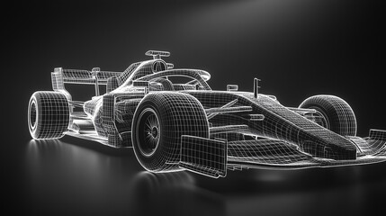 Precyzyjnie odwzorowany samochód wyścigowy, przedstawiony w technologicznej estetyce, podkreślającej innowacyjne rozwiązania inżynieryjne i aerodynamiczne.