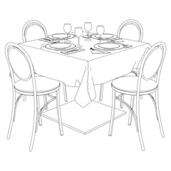 Collection of Modern Restaurant Chairs and Table Set with Detailed Line Art on White Background. Vector Illustration.