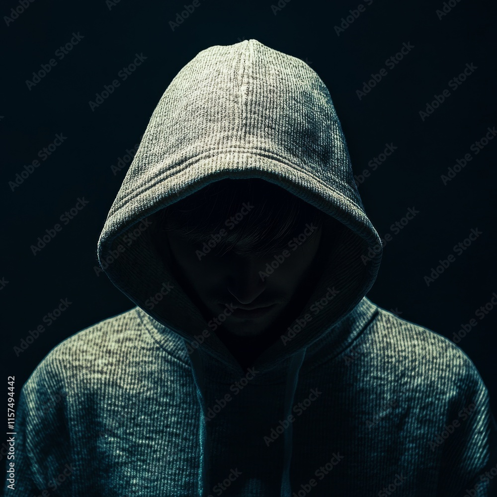 Poster computer hacker in hoodie. obscured dark face. concept of hacker attack, virus infected software, da