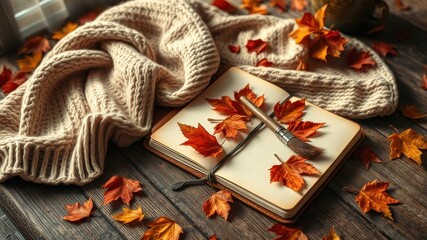 Cozy Autumn Scene  A Knitted Scarf, Journal, Paintbrush, and Fallen Leaves on a Wooden Surface