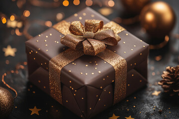 Stylish present wrapped in gold and brown with star decorations. Great for holiday campaigns, lifestyle visuals, and festive banners.