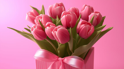 Naklejka premium Stylowe różowe pudełko prezentowe z kokardką, obok bukietu tulipanów, na różowym tle z przestrzenią na tekst, idealne na Dzień Matki lub Walentynki.