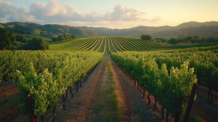 Fototapeta premium Rolling Hills Vineyard Sunset Golden Hour Landscape