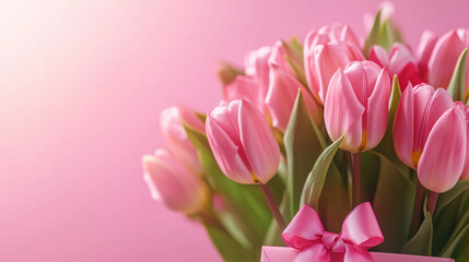 Obraz premium Stylowe różowe pudełko prezentowe z kokardką, obok bukietu tulipanów, na różowym tle z przestrzenią na tekst, idealne na Dzień Matki lub Walentynki.