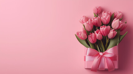 Naklejka premium Stylowe różowe pudełko prezentowe z kokardką, obok bukietu tulipanów, na różowym tle z przestrzenią na tekst, idealne na Dzień Matki lub Walentynki.