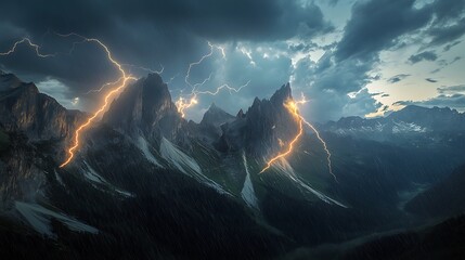 Lightning Strikes Over Snowy Mountains 