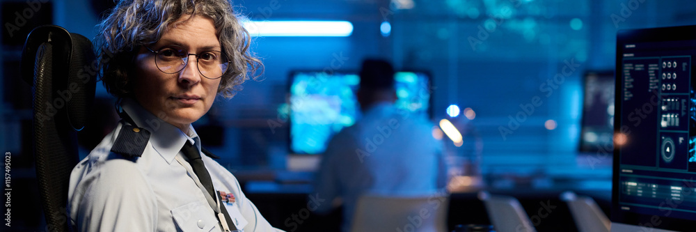 Leinwandbilder header of experienced female officer in eyeglasses and uniform looking at camera while sitting by de