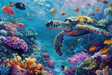 colorful coral reef with many fishes and sea turtle © darshika