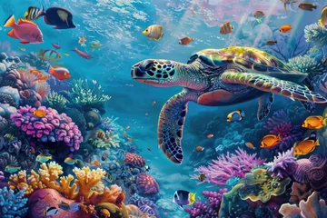 Fototapete Rund colorful coral reef with many fishes and sea turtle © darshika