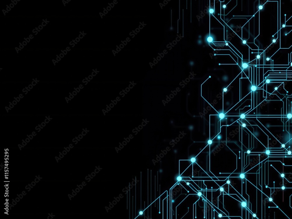 Poster abstract technology background with neon blue circuit board lines and glowing dots on dark surface, 