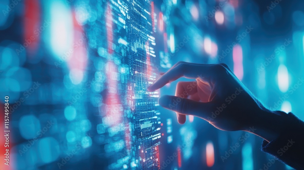 Poster digital financial analyst interacting with dynamic data visuals, innovation-driven blue background