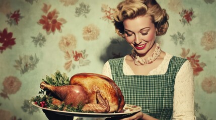 Vintage style housewife holding a plate of roast turkey serving thanksgiving gathering dinner