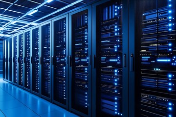 Rows of powerful server racks in a modern data center facility with glowing blue lights