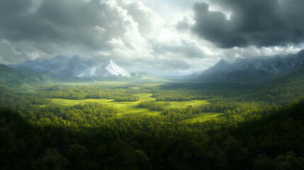 Obraz premium Vast Forest and Plain Panorama with Snow-Capped Mountains Under a Dramatic Sky