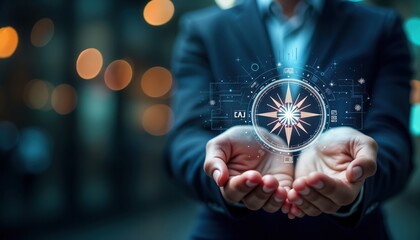 Businessman holds digital compass in hands. Strategic orientation concept in business marketing. Purpose, direction. Modern illustration. Visual aid for innovation, development. Showing company