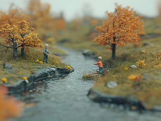 Fototapeta premium Autumn Creek 3D Illustration: Miniature Fishing