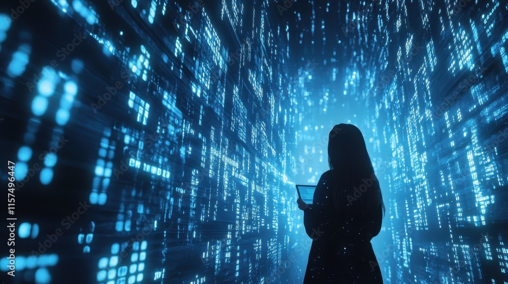 Aufkleber digital financial analyst interacting with dynamic data visuals, innovation-driven blue background