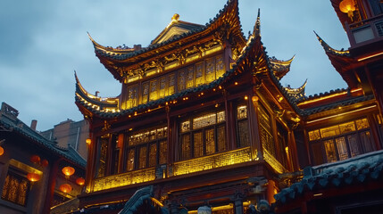 Fototapeta premium A beautifully illuminated traditional building with ornate architecture at dusk.