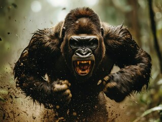 Obraz premium Powerful Gorilla Charging Through Lush Forest with Intense Expression and Motion Blur