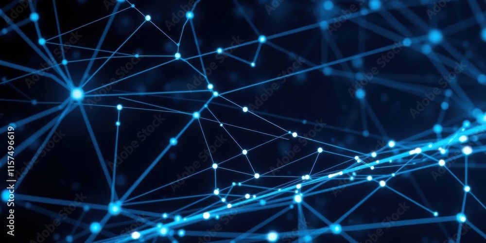 Poster abstract network connections with bright blue points on dark background representing technology, dat