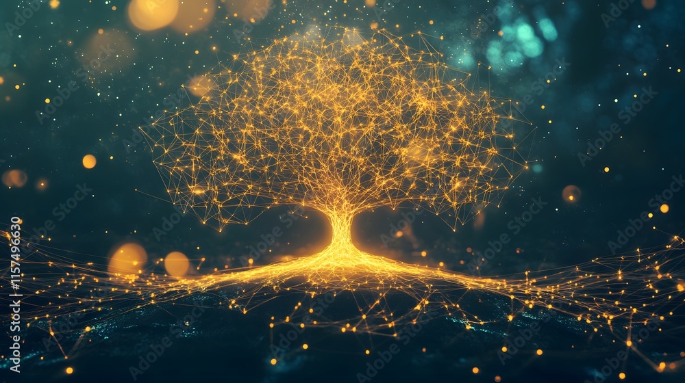 Poster illuminated networked tree symbolizing growth digital art modern environment abstract concept