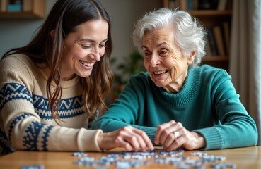 Young caregiver assists senior woman with puzzle at home. Happily work together on jigsaw. Senior woman, caregiver enjoy leisure activity. Warm, supportive relationship visible. Joyful activity