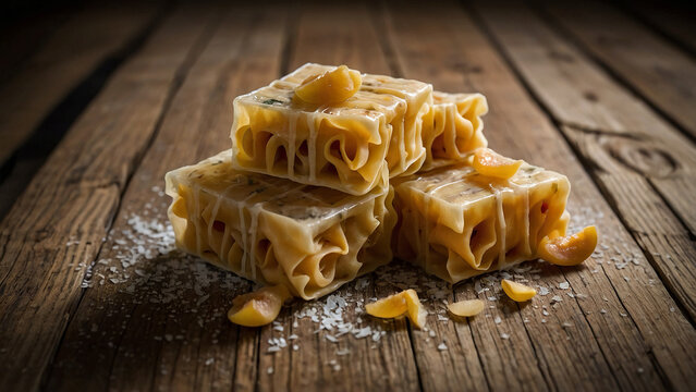 Squares of homemade quince frola pasta on wood