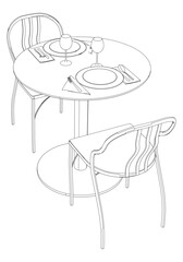 Round table and chair vector set. Restaurant chair and table. Outline illustration for coloring book, interior projects, designers.