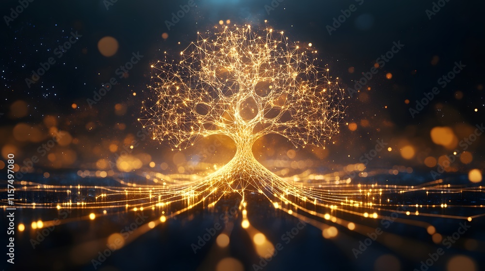 Aufkleber illuminated tree of life digital art abstract concept dark background macro view nature's connection