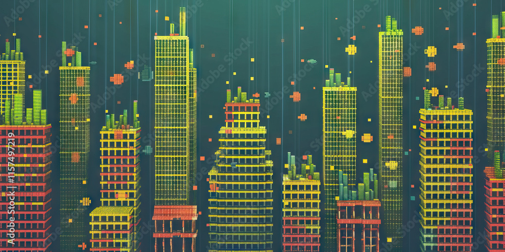 Poster pixelated skyscraper cityscape with data streams
